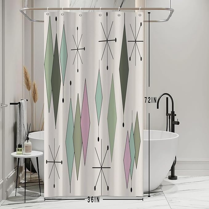 Mid Century Shower Curtain Modern Abstract Green Pink Diamond Geometric Atomic Starburst Pattern for 1950s Retro Bathroom Decor Accessories Shower Curtain Set with 12 Hooks, 36x72 Inches