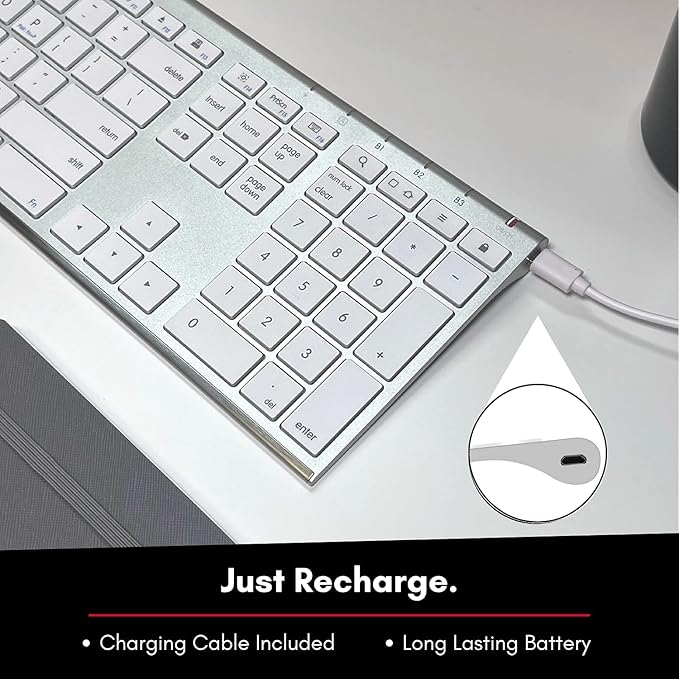 Macally Wireless Bluetooth Keyboard for Mac - Compatible Apple Keyboard or MacBook Pro/Air, iMac - Multi-Device, Up to 3 Devices with 110 Keys, 20 Shortcuts, Numeric Keypad, and Rechargeable - Silver