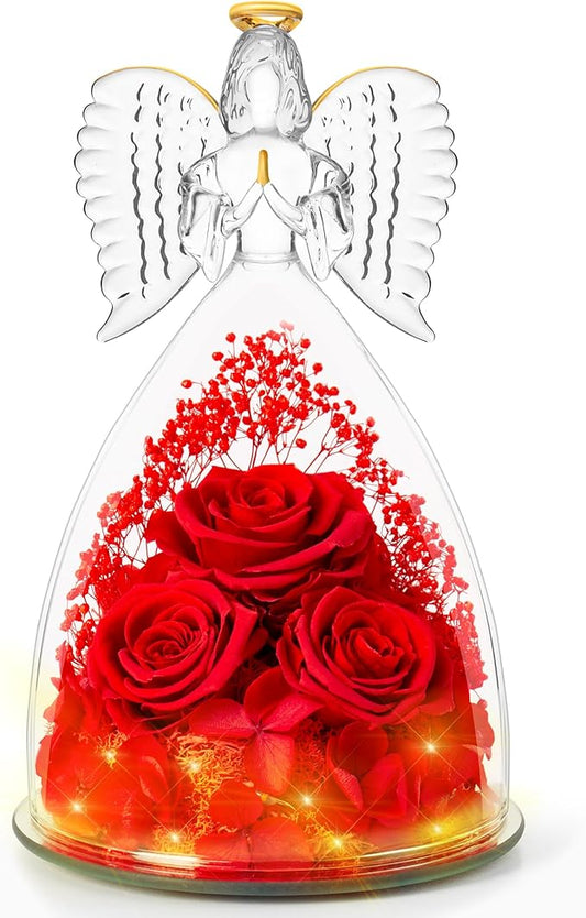 Christmas Flowers Gifts for Grandma Mom,Forever Real Roses in Angel Figurines,Christmas Roses Gifts for Women Wife Mother in Law/Red