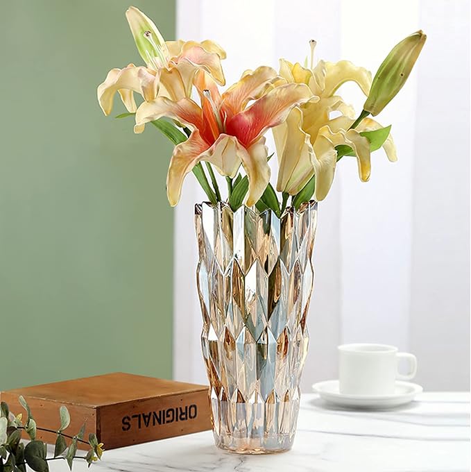 9.6" High Amber Glass Flower Vase for Home Decor, Dining Wedding Table Office Holiday Party Centerpiece Decoration