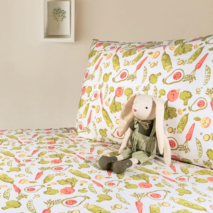 Salt Earth 100% Cotton 210TC Kids Bedsheet, Twin Fitted Sheet, Toddler Bed, 2 Piece Bedding Set- 1 Fitted Sheet and 1 Pillowcase, Themed Toddler Bed Sheets, Cute Sheets for Kids Bed (Veggie)