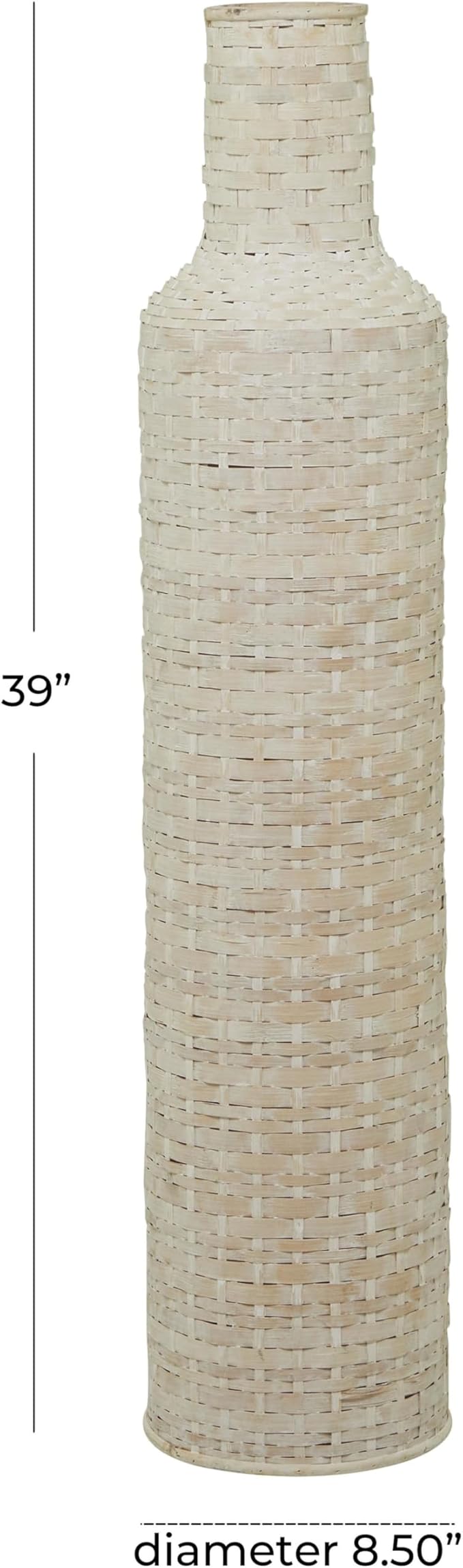 Deco 79 Bamboo Wood Decorative Vase, Tall Woven Floor Centerpiece, Round Vase for Home Decoration, White and Beige, 8.5" x 8.5" x 39"