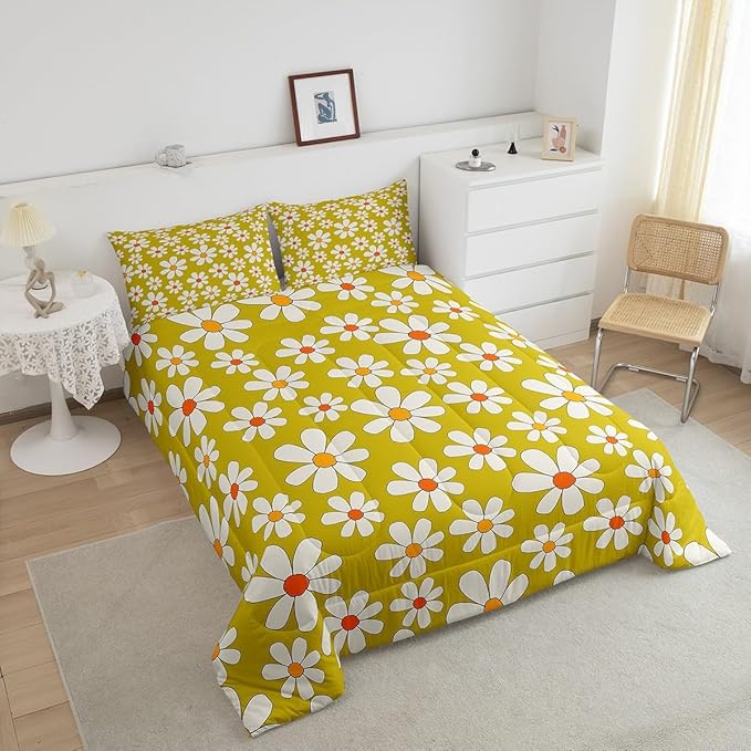 Castle Fairy Hippie Flowers Bedding Set King Size,70s Retro Floral Comforter Set Room Decor for Couple,Groovy Cartoon White Daisy Microfiber Down Comforter,2 Pillowcases