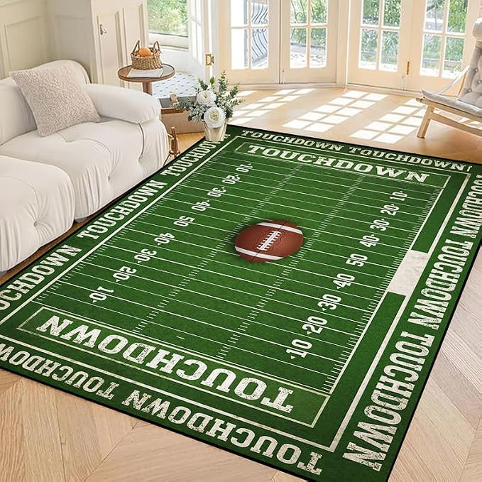 5'x7' Football Field Area Rug Sports Themed Carpet for Nursery Bedroom Playroom Classroom Living Room Home Decor Non Slip Washable Game Room Play Mat