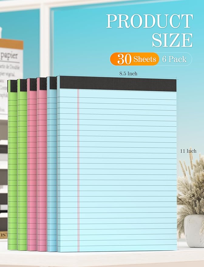 6 Pack Legal Pads 8.5 x 11, Colored Legal Pads Wide Ruled, Colored Note Pads 8.5 x 11, 30 Sheets/Pad Lined Paper Pads, Multicolor Notepads, Easy-Tear Double-Sided Writing Pads for Office, School
