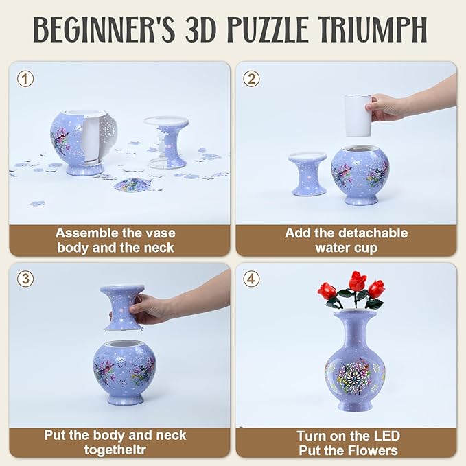 3D Puzzle Vase for Adults, 200 Curved Pieces DIY LED Vase, Unique Craft Kit for Home Decoration, Creative Hobby Gift for Women, Ideal Housewarming & Birthday Gifts (Lavender Bloom Pattern)