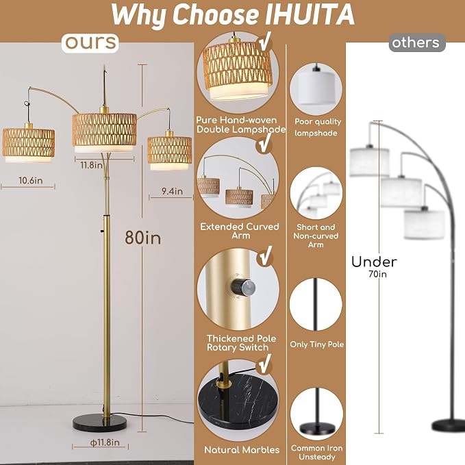 Arc Floor Lamp for Living Room, 80 Inch Gold Rattan Floor Lamp with Rotary Switch, 3 Lights Boho Tall Lamp with Wicker Shade for Coastal,Bohemian,Tree Farmhouse Standing Lamp