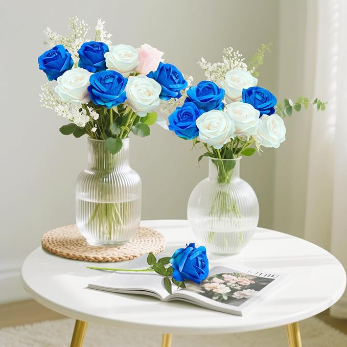 22 Pcs Artificial Roses - Realistic Velvet Flowers with Stems, Bulk Faux Roses for Home Wedding Party Decor (Blue)