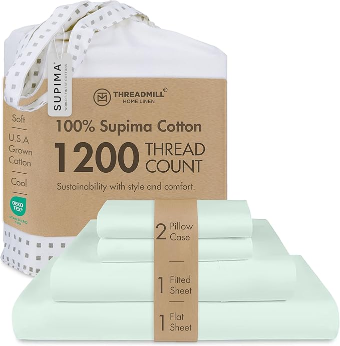 Threadmill Supima King Size Sheets, 1200 Thread Count, 4 Piece American Luxury Bed Sheets for King Mattress, 5 Star Hotel Quality Cotton Sheets with Elasticized Extra Deep Pocket, Seaglass