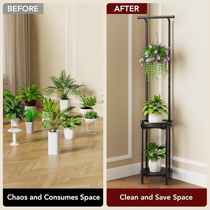 Homsorout Plant Stand Indoor Outdoor - Heavy Duty Metal 2-tier Hanging Plant Holder Space-Saving Iron Plant Stands Tall Plant Shelf for Living Room Garden Balcony（Black）