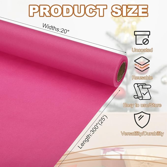 PATIKIL Wrapping Paper, 20" x 300"(25') 70 GSM Craft Paper Roll Kraft Packing Paper for Poster Bulletin Board, Gift Wrapping, Dark Pink