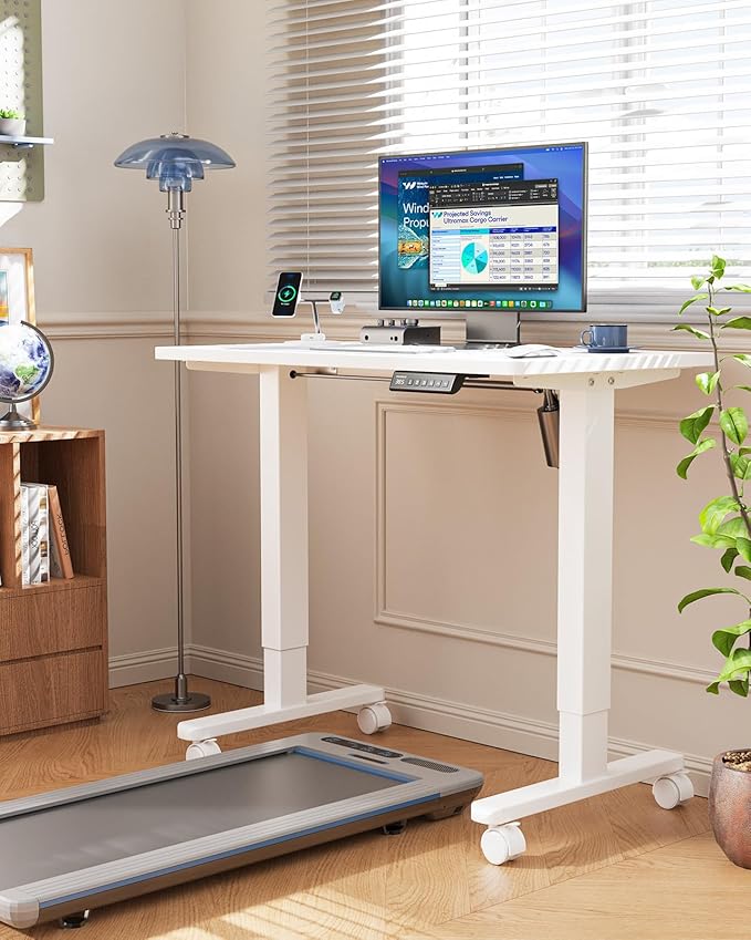 HUANUO Electric Small Standing Desk, 35" x 20" Whole Piece Desktop, Adjustable Height Computer Desk, 4 Height Memory Settings, Sit Stand Up Desk for Home Office, White