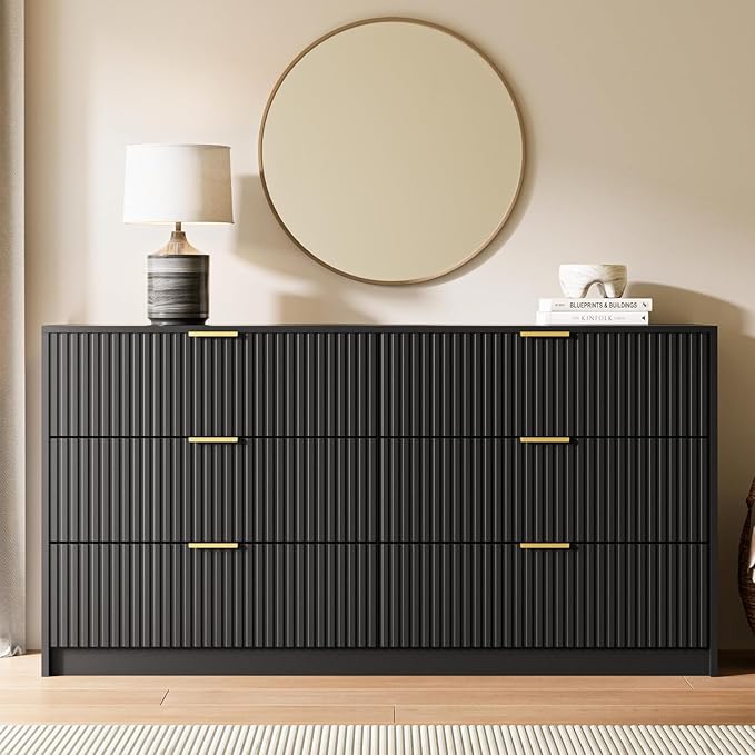 3-Piece Dresser Bedroom Set, 6 Drawer Dresser & 3 Drawer Nightstands with Gold Handles, Fluted Wood Chest of Drawers for Bedroom, Living Room, Entryway, Black