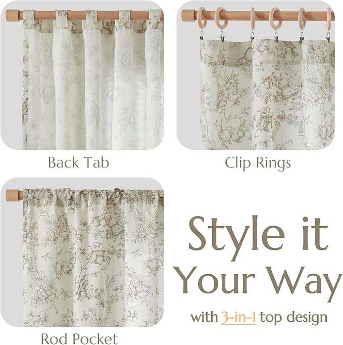 jinchan Linen Floral Curtains for Living Room 63 Inch Length Taupe Printed Flower French Country Curtain Farmhouse Cottage Core Toile Curtains Back Tab Light Filtering Window Drapes Set 2 Panels
