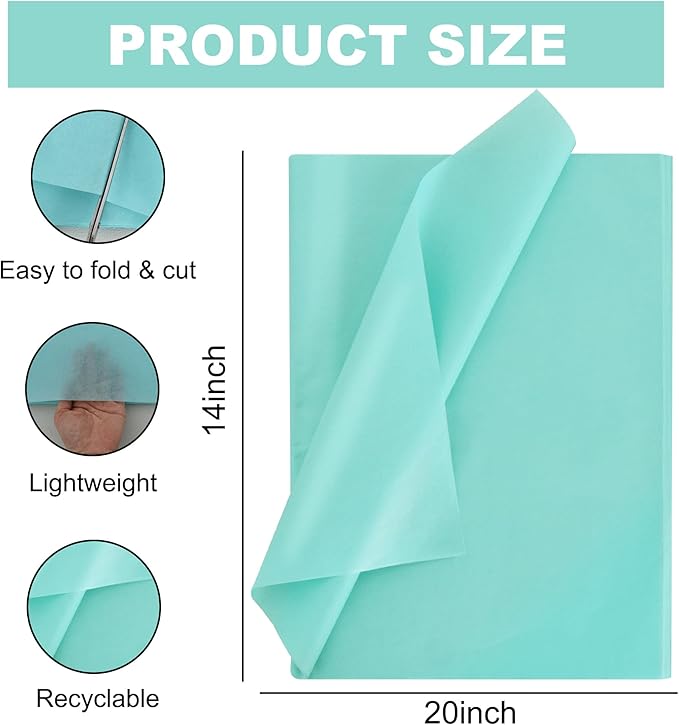BEISHIDA 100 Sheets Teal Tissue Paper Bulk, Wrapping Tissue Paper for Gift Bags, 14 x 20 Inch Gift Wrap for Birthday Wedding Graduation DIY Crafts Holiday Flowers