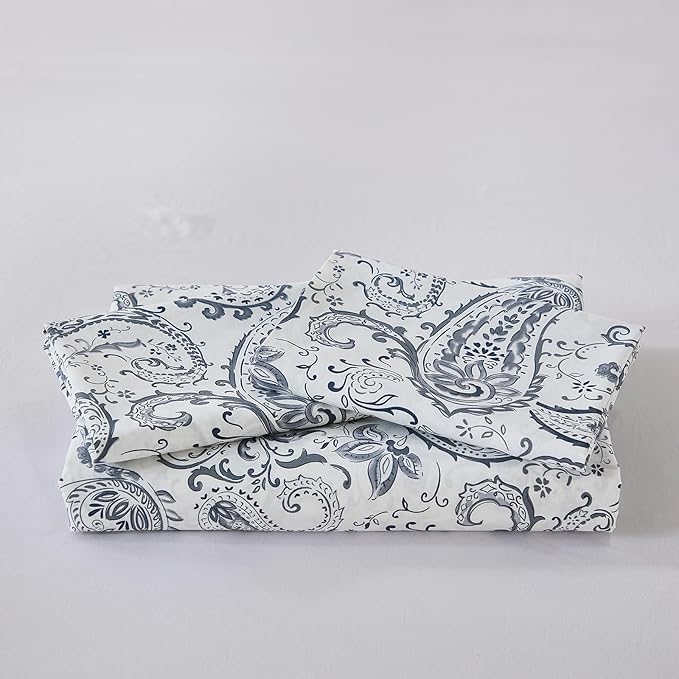 100% Cotton Duvet Cover Sets Queen Size, 3 Pieces Reversible Soft Bedding Sets,Blue Floral Paisley Comforter Cover, Breathable, Lightweight, All Season