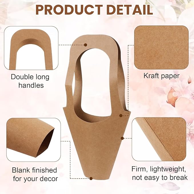 Yuanan 50 Pack Flower Bouquet Wrapping Paper Bags with Handles, Kraft Flower Bar Supplies for Weddings, Birthdays, Events-Flower Bouquet Holders for-Bouquet Bar