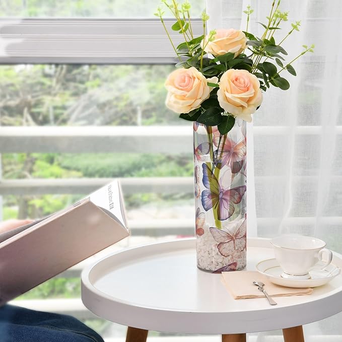 susiyo Translucent Butterflies and Flowers Acrylic Vase, Tall Plastic Vase Cylinder Vase Clear Acrylic Flower Vase for Centerpieces