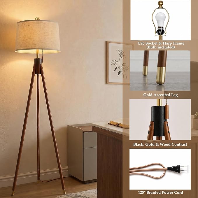 Mid Century Modern Tripod Floor Lamp, Gold Accented Two-Tone Solid Wood Floor Lamp with Black-Finished Solid Wood Center, Linen Shade & Pull Chain, Tall Lamp for Living Room Bedroom Reading Corner