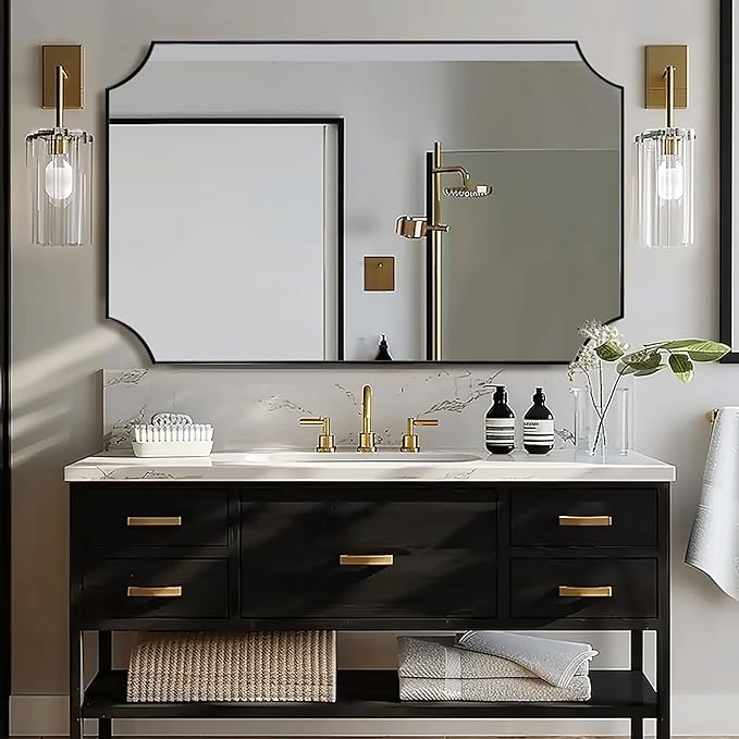 ANDY STAR 30x48 Inch Mirror, Matte Black Bathroom Vanity Mirror, Scalloped Rectangle Mirror in Premium Stainless Steel Metal Thin Frame Deep 1", Large Wall-Mounted Mirror (Horizontal/Vertical)