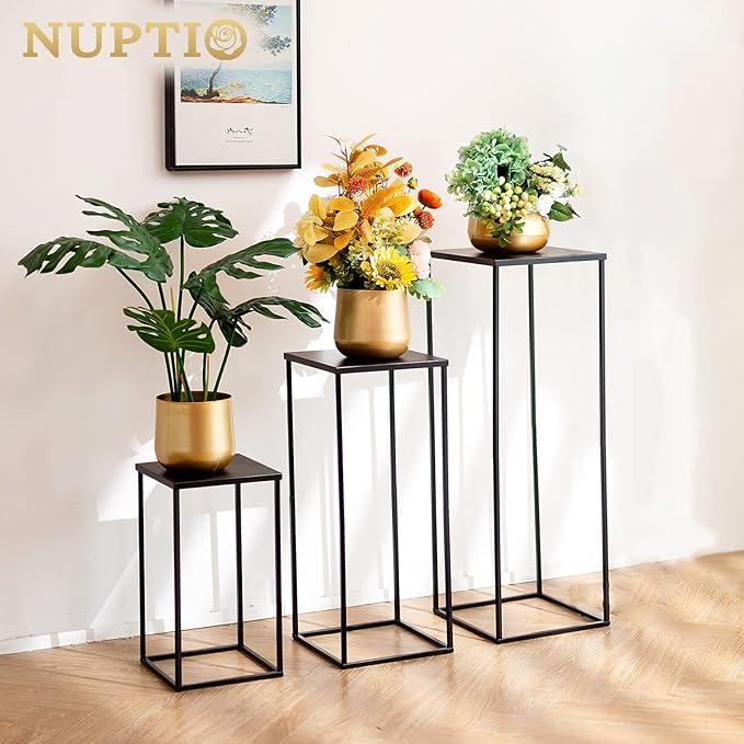 Nuptio Black Vase Plant Stand - 3 Pcs Tall Flower Vases for Wedding Birthday Party Centrepieces - Metal Column Display Table Rack Indoor Corner Flower Stand for Living Room Decor(15.7/23.6/31.5in)