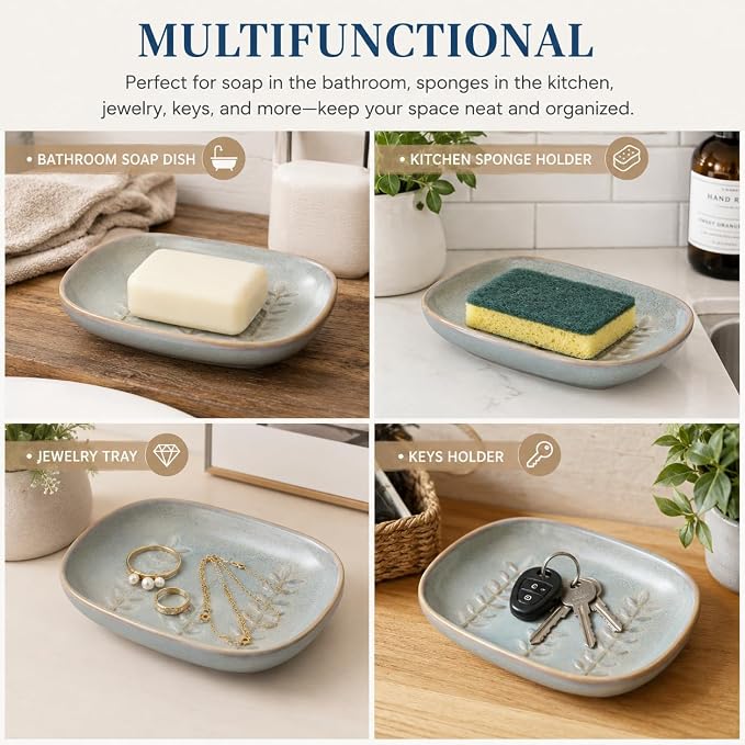 Miamolo Ceramic Soap Dish Soap Holder, Soap Lift for Bar Soap Sponge, Shower Soap Dishes for Bathroom Kitchen Counter Soap Saver Tray Keep Dry, Dishwasher Safe