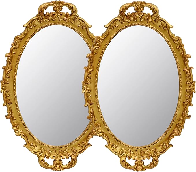 Tstarer 2 Pack - Vintage Decorative Gold Framed Mirror, Wall Hanging Mirrors & Tabletop Tray for Bedroom Living Room Dresser Decor, Oval- 9.6" W x 14.3" L (GOLD-2PACK)