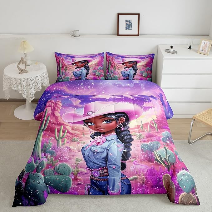 Western Cowgirl Comforter Set King Size,Reversible African Style Cute Girl Print Black Bedding Set All Season Quilt Set,Dreamy Stars Purple Galaxy Sparkling Microfiber Polyester Down Comforter