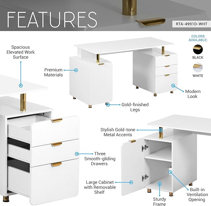 Elegant 56.75" W Executive Desk with 3 Drawers and Storage Cabinet, Modern Office Desk with Gold Accents, Floating Work Surface, Closed Storage with Ventilation & Adjustable Shelf (White,Gold)