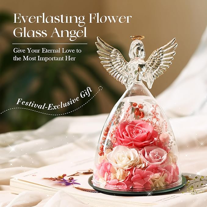 Christmas Roses Gifts for Mom,Preserved Real Flowers Roses in Glass Angel Figurines, for Grandma Women Mom Wife Mother in Law/Pink
