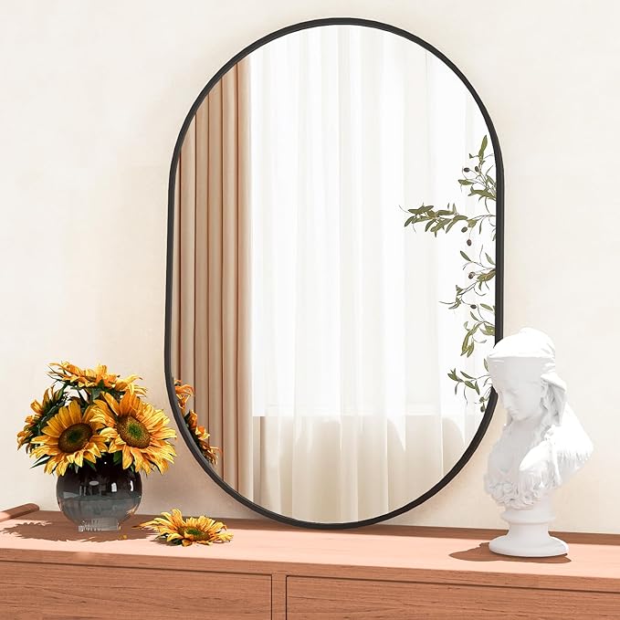 Oval Bathroom Mirror Capsule Wall Vanity Mirror, 24"x36" Pill Mirrors Wall Mounted Mirror, Large Modern Mirror with Black Metal Frame, Decor for Entryway, Bedroom, Living Room