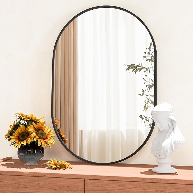 Oval Bathroom Mirror Capsule Wall Mirror, 24"x36" Black Vanity Wall Mounted Mirror, Large Modern Pill Mirrors with Metal Frame, Decor for Entryway, Bedroom, Living Room