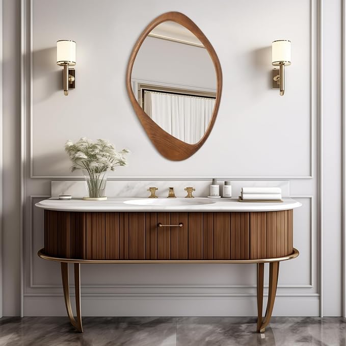 AAZZKANG Asymmetrical Wall Mirror Large 24"x16" Retro Irregular Vanity Mirrors Decorative for Bathroom Bedroom Living Room Hallway Brown