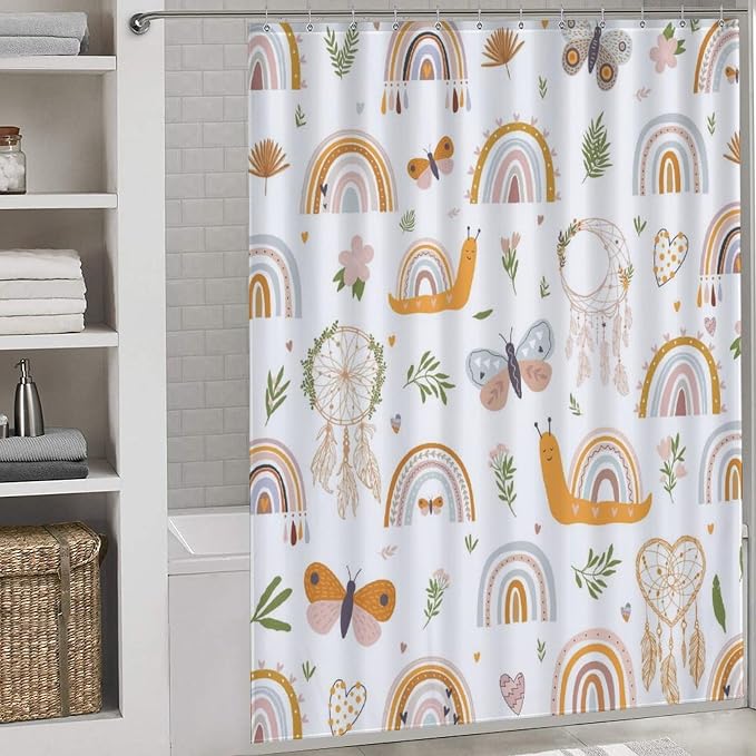 Rainbow Shower Curtain for Bathroom, Kids Girls Baby Cute Lovely Retro Vintage Boho Rainbow Pastel Aesthetic Bohemian Waterproof Fabric Shower Curtain Set with Hooks, 72"x72" Inch
