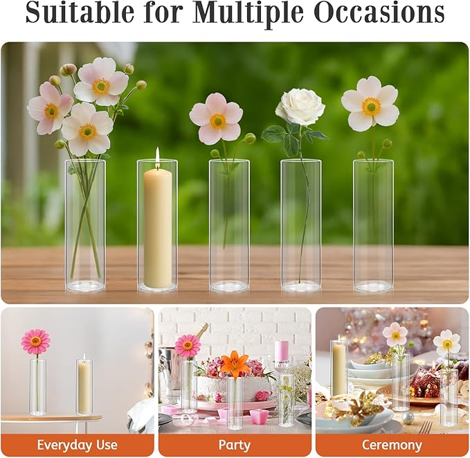 16 Pack 5.9" Tall x 1.8" Diameter Clear Glass Cylinder Vases - Multi-Use Flower Vase, Hurricane & Floating Candle Holders for Wedding Centerpieces, Home Decor, Table Displays