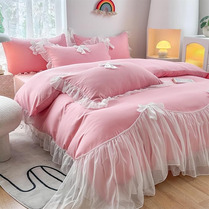Girls Lace Bedding,Queen Comforter Cover Set, Chic Ruffled Duvet Cover with Lovely Bow,Princess Style 1 Duvet Cover with 2 Pillowcases, No Comforter-Bright Pink,Queen Size