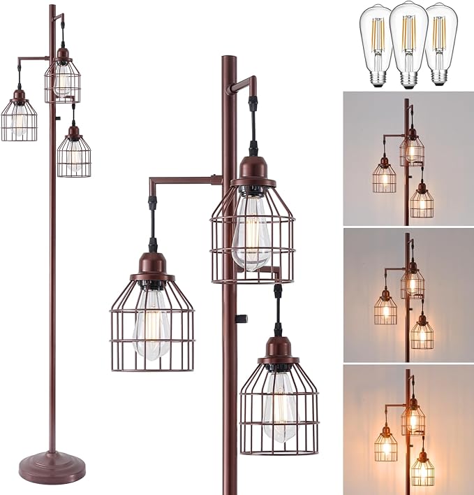 9MMML Floor Lamp for Living Room, Farmhouse Industrial Dimmable Floor lamp, 3 Lights Metal Cage Tree Standing Lamp,68", 3Pcs LED Bulbs Included