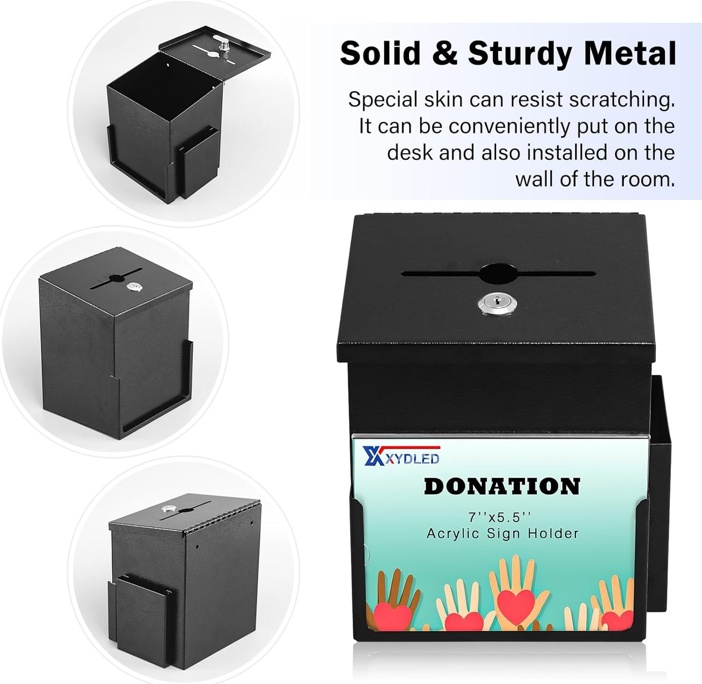 Xydled Donation Box - Key Lock Acrylic Sign Holder & Metal Ballot Drop Box | 8.9''x7.1''x6.3'', Black