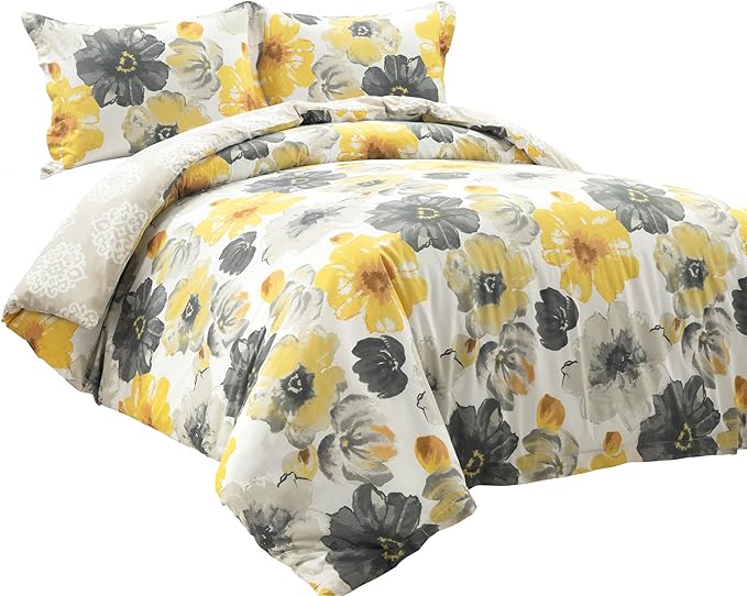 Lush Decor Leah Reversible 100% Cotton Duvet Cover Set, 3 Piece Set, King, Yellow & Gray - King Bedding Set - Yellow Duvet Cover - Country Floral Decor