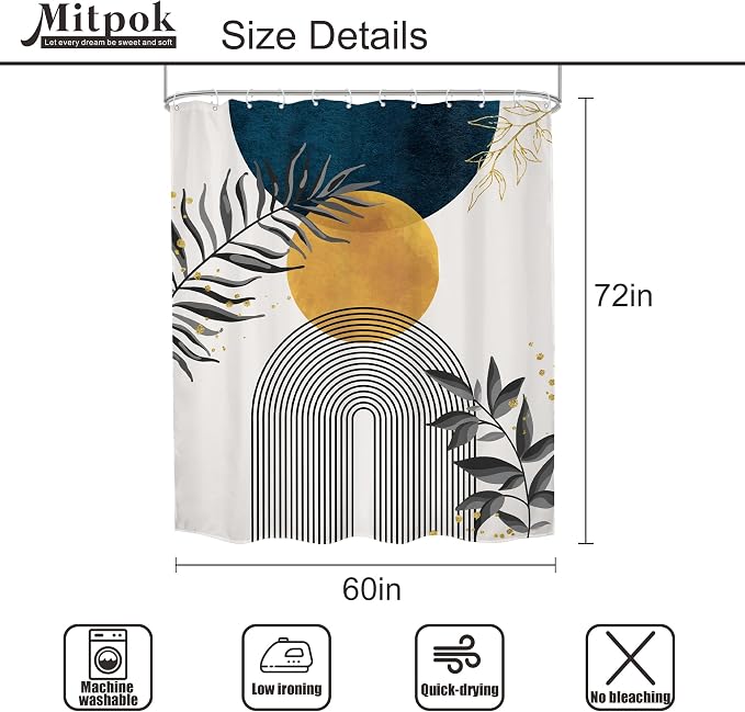 Navy Blue Boho Shower Curtain 60Wx72H Modern Bohemian Mid Century Abstract Gold Leaves Minimalist Geometric Plant Bathroom Decor Neutral Botanical Bath Curtain Fabric Polyester 12 Pack Hooks