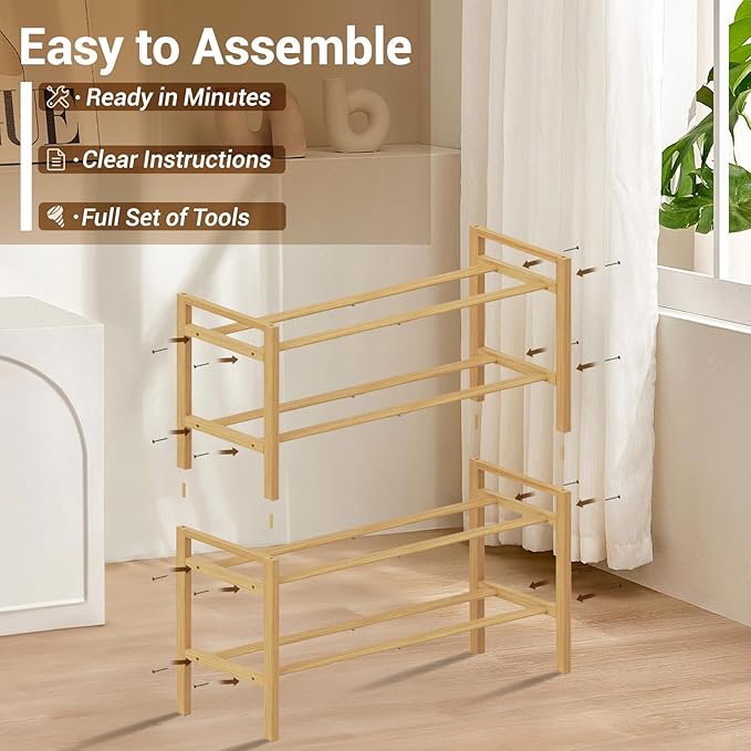 Haddockway Bamboo Shoe Rack for Closet, Free Standing Shoe Organizer with Smooth Round Rods & Convenient Handles, Stackable Shoe Storage Shelf for Entryway, Hallway(Natural, 4-Tier)