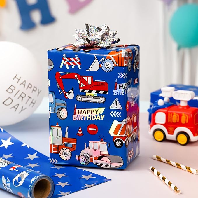 Homeral Blue Construction Truck Birthday Wrapping Paper Roll for Kids, Digger Tractor Truck with Laser Shine & Stars Reversible Gift Wrap for Boys Birthday, Baby Shower - Mini Roll - 17 Inch x 33 Feet