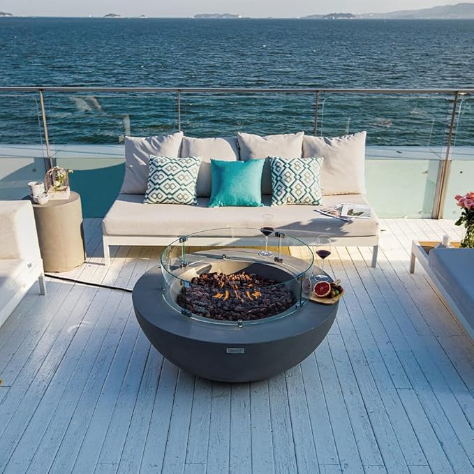 Elementi Lunar Bowl Concrete Fire Pit 42" x 42" Outdoor Patio Firepit Includes Lava Rocks Modern Fire Pits & Outdoor Fireplaces for Garden, Deck, Indoor & Outdoor Heating