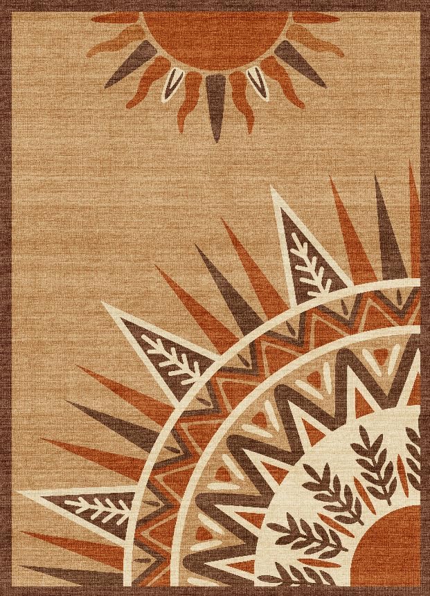 5x7 Bohemian Sun Totem Area Rug - Non-Slip Washable Low Pile, Warm Sand Brown with Deep Rust & Cream Pattern Carpet for Bedroom, Living Room, Dining Area, Home Office