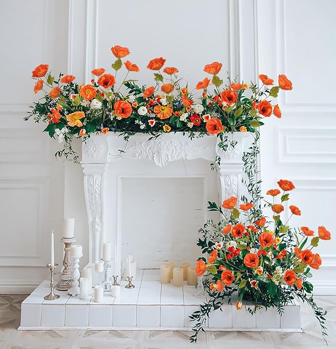 30 Heads 6 PCS Orange Poppy Flowers Artificial Flowers Silk Flowers 32 in Poppy Flowers for Wedding Home Party Table Centerpiece Arrangement Decoration (Orange)