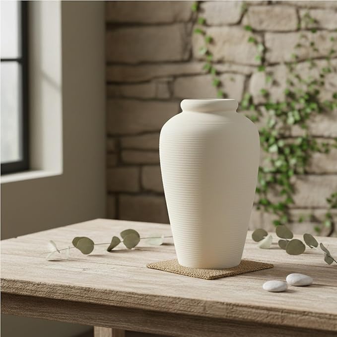 Ceramic Flower Vase,11 Inch Tall Modern Rustic Farmhouse Vases Home Decor,Handmade Pottery Vase Decorations for Living Room,Large Terracotta Floral Vases for Bedroom Table Fireplace Kitchen-White