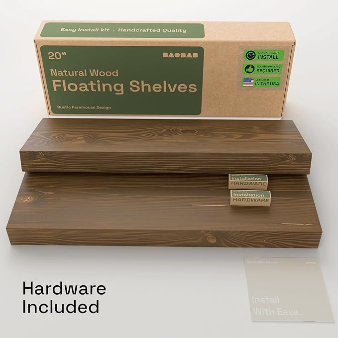BAOBAB WORKSHOP Wood Floating Shelves for Wall 20 Inch, Solid Real Wooden Bathroom Shelf, Heavy Duty Wall Shelf Mounted 20 in Kitchen Rustic Farmhouse, Walnut Floating Shelves, 20W × 6.7D, Set of 2