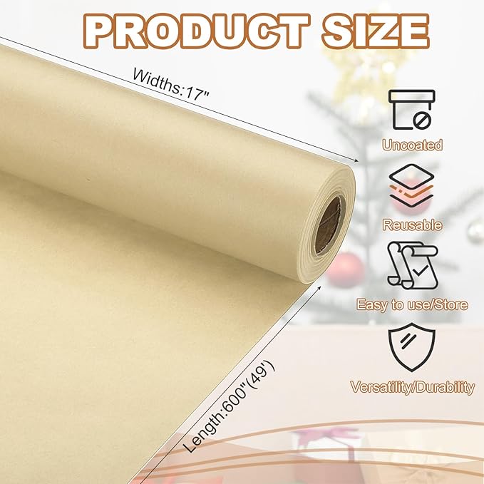 PATIKIL Wrapping Paper, 17" x 600"(49') 70 GSM Craft Paper Roll Kraft Packing Paper for Poster Bulletin Board, Gift Wrapping, Brown