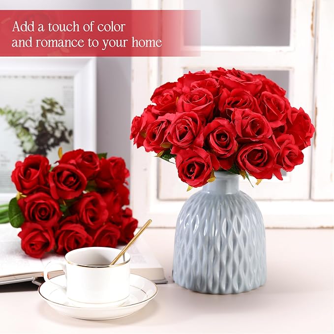 Jexine 240 Pcs Artificial Rose Flowers Bouquet Silk Realistic Flowers Bulk Centerpieces DIY Bride Fake Rose for Home Bridal Wedding Party Decorations(Red)