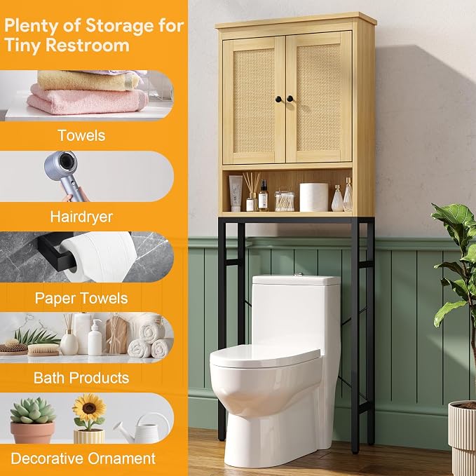 knoworld Rattan Over The Toilet Storage Cabinet, Metal Stand Above Toilet Bathroom Organizer, Behind Toilet Cabinet with Adjustable Shelf, Space Saver for Restroom, Bathroom, Laundry, Natural